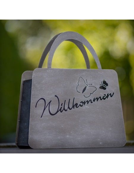 kreative Pflanzgefäße  Handtasche - Willkommen - graue Patina - groß - Höhe 46 cm 
Länge 40 cm
Höhe 46 cm
