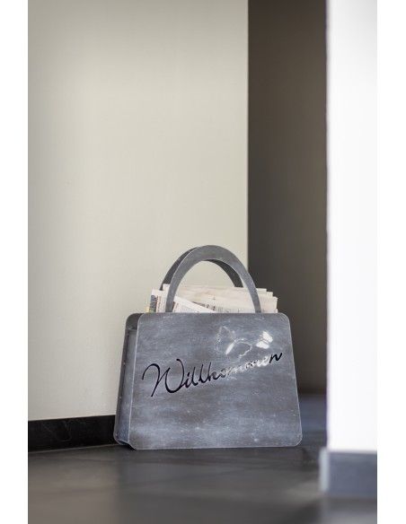 kreative Pflanzgefäße  Handtasche - Willkommen - graue Patina - groß - Höhe 46 cm 
Länge 40 cm
Höhe 46 cm
