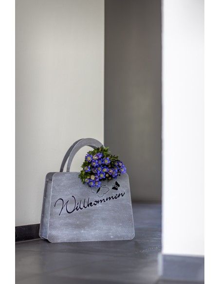 kreative Pflanzgefäße  Handtasche - Willkommen - graue Patina - groß - Höhe 46 cm 
Länge 40 cm
Höhe 46 cm
