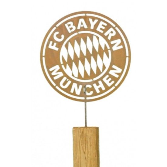 Holz / Rost Kombinationen FC BAYERN HOLZSTÄNDER - 131 cm hoch 
Vierkant Holzständer mit Edelrost Aufsatz Logo des FC Bayern Mün