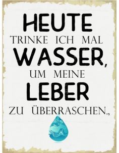 Start Schild „heute trinke ich mal Wasser“ 26x35 cm 
Heute trinke ich mal Wasser, um meine Leber zu überraschen.
Höhe 35 cm
B 2