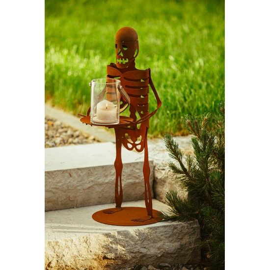 Deko Skelett mit Tablett - gruselige Halloween Deko für den Garten