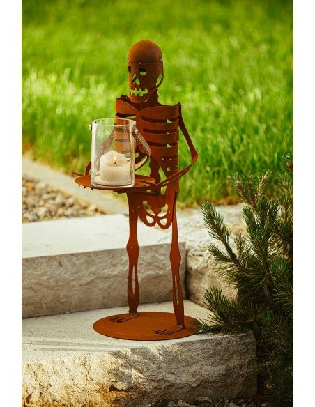 Deko Skelett mit Tablett gruselige Halloween Deko für den Garten