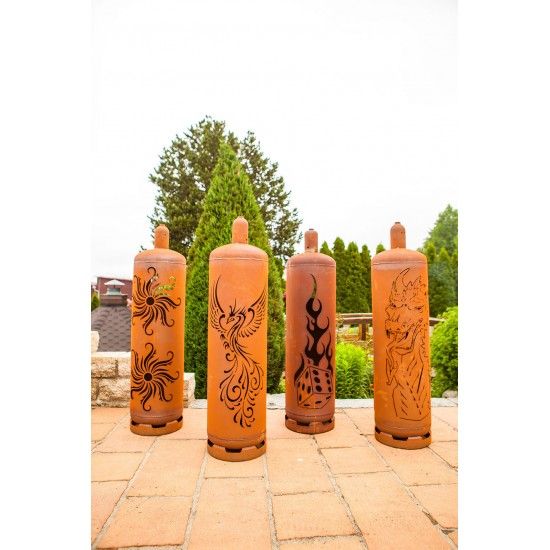 Feuertonne Gasflasche - Phönix, Sonne, Drache, Würfel