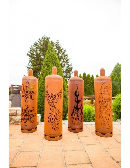 Feuertonne Gasflasche - Phönix, Sonne, Drache, Würfel Feuertonne Gasflasche - Phönix, Sonne, Drache, Würfel