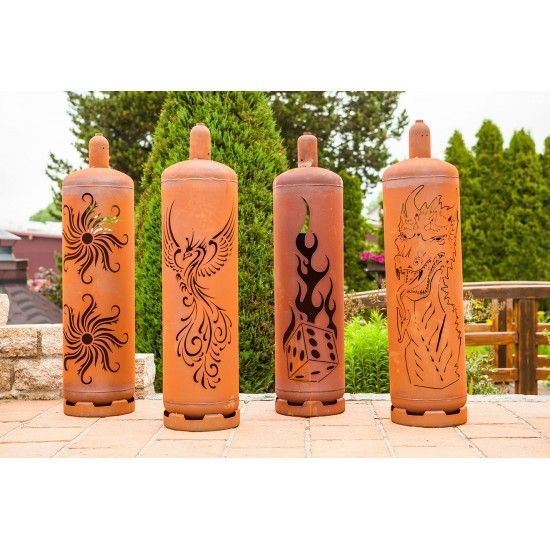 Feuertonne Gasflasche - Phönix, Sonne, Drache, Würfel