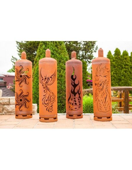 Feuertonne Gasflasche - Phönix, Sonne, Drache, Würfel