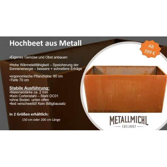 Hochbeet Metall Hochbeet Metall 150 cm lang 80 hoch Tiefe 70 cm stabiles Metall Hochbeet 1,5 Meter Länge...
für viel eigenes Ge