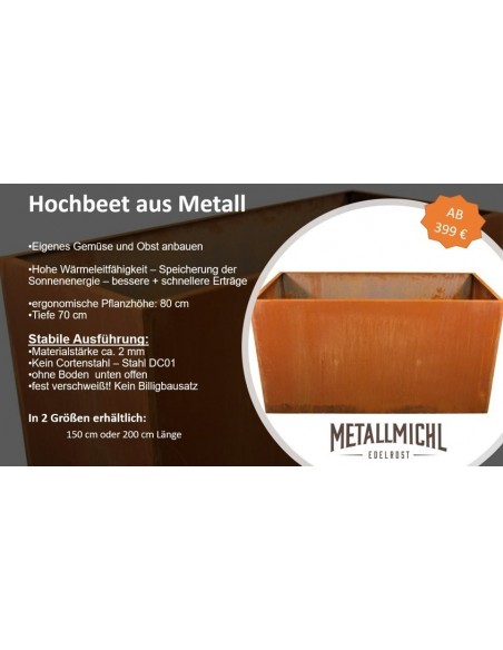 Hochbeet Metall Hochbeet Metall 150 cm lang 80 hoch Tiefe 70 cm stabiles Metall Hochbeet 1,5 Meter Länge...
für viel eigenes Ge