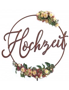 Gartendeko Rost Hochzeit - Ring Ø 60 cm mit Hülse für 8 mm Stab Ring mit einem "Hochzeit" Schriftzug.
Durchmesser 60 cm