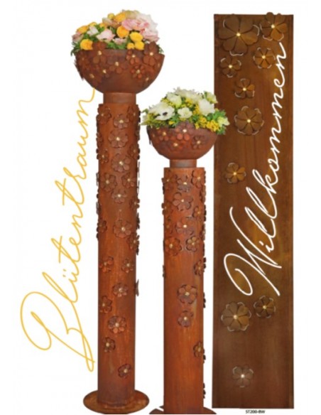 Skulpturen - Rostsäulen und Stelen schmaler Sichtschutz - Blütentraum mit Willkommen - 200 cm hoch - Metall Stele für den Eingan