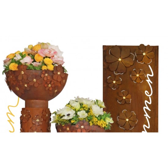 Skulpturen - Rostsäulen und Stelen schmaler Sichtschutz - Blütentraum mit Willkommen - 200 cm hoch - Metall Stele für den Eingan