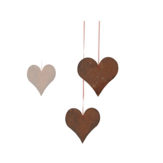 Gartendeko Rost Set mit 24 Metall Herzen zum Aufhängen - DRM 11 - 15 cm Ø - groß 
24 kleine Herzen zum Aufhängen im Set
In 3 G