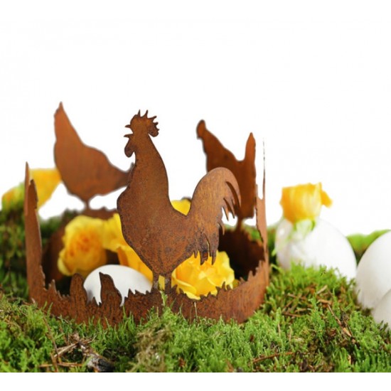 Frühlingsdeko Edelrost Hühnerring für Windlicht und Vasen Ø 15 cm Der Edelrost Dekoring mit Hühnerfamilie für Windlicht und Vase