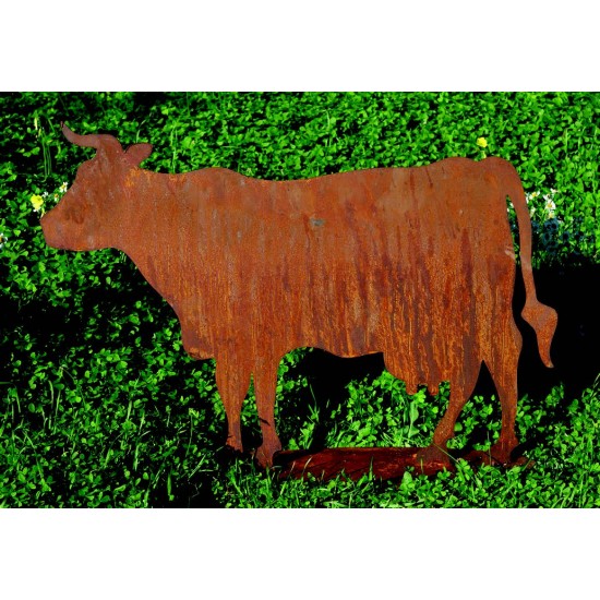 Kühe und Kälber Deko Kuh Edelrost - seitlich stehend ohne Glocke - 90 cm breit 
Breite ca. 90 cm
Höhe ca. 70 cm
auf einer Bod