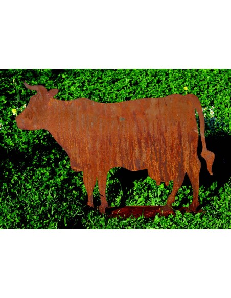 Kühe und Kälber Deko Kuh Edelrost - seitlich stehend ohne Glocke - 90 cm breit 
Breite ca. 90 cm
Höhe ca. 70 cm
auf einer Bod