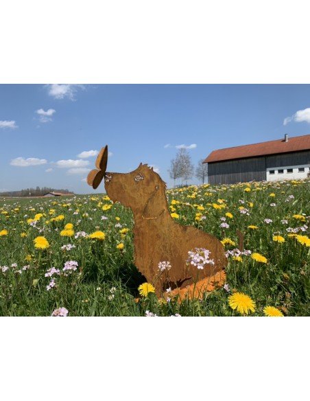 Deko Hunde Hundefigur Rauhaardackel - Toni - mit Schmetterling auf der Nase - sitzend - Höhe 45 cm 
Höhe 45 cm
Breit 55 cm
