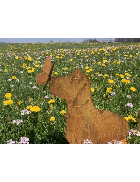 Deko Hunde Hundefigur Rauhaardackel - Toni - mit Schmetterling auf der Nase - sitzend - Höhe 45 cm 
Höhe 45 cm
Breit 55 cm
