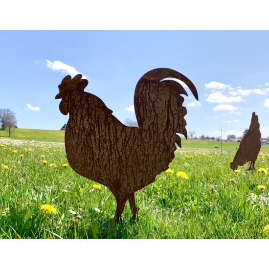 Deko Hühner für Draußen zum Stecken Hahn auf kurzem Stab - Höhe 46 cm 