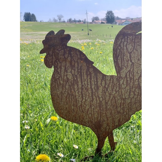 Deko Hühner für Draußen zum Stecken Hahn auf kurzem Stab - Höhe 46 cm 