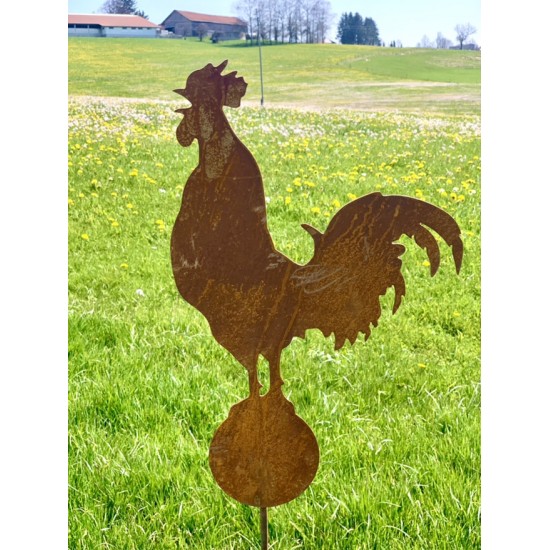 Hühner, Gockel und Küken Gartenstecker krähender Hahn auf Kugel - Gesamthöhe 128 cm 
Höhe Hahn mit Kugel 48 cm
Höhe Stab 80 cm