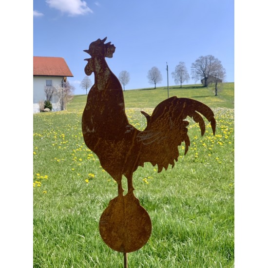 Hühner, Gockel und Küken Gartenstecker krähender Hahn auf Kugel - Gesamthöhe 128 cm 
Höhe Hahn mit Kugel 48 cm
Höhe Stab 80 cm