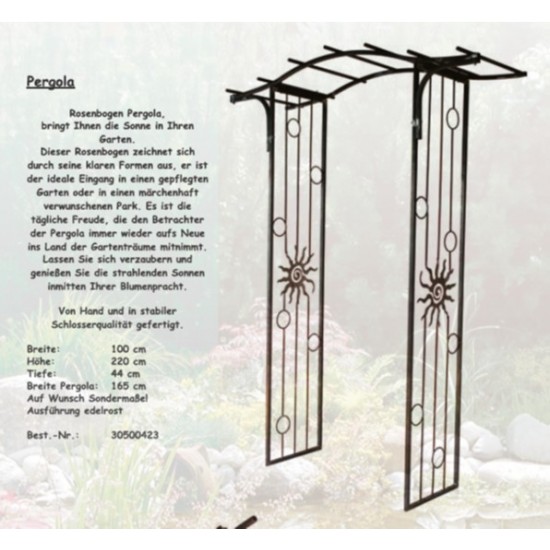 Rosenbogen Metall Rosenbogen Pergola 100 x 220 edelrost 
Höhe 220 cm
Breite 100 cm
Tiefe 44 cm
