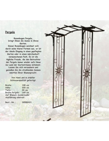 Rosenbogen Metall Rosenbogen Pergola 100 x 220 edelrost 
Höhe 220 cm
Breite 100 cm
Tiefe 44 cm
