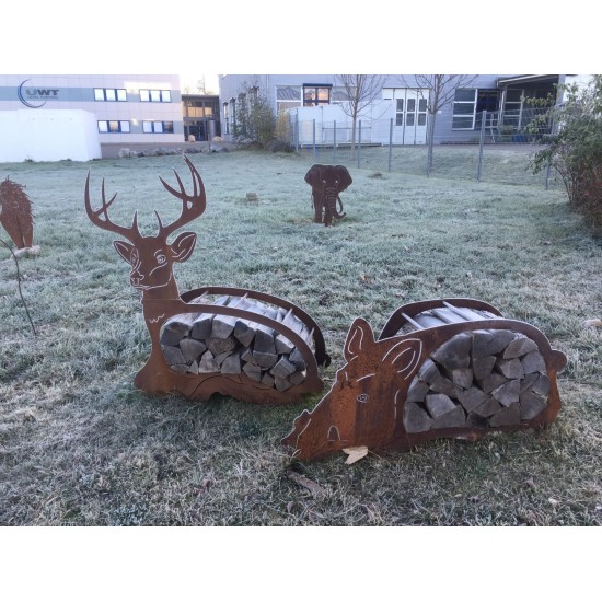 Kaminholzregale und Herzen Edelrost Holzregal liegender Hirsch groß, Höhe 96 cm, Breite 121 cm Edelrost Holzregal liegender Hirs
