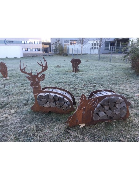 Kaminholzregale und Herzen Edelrost Holzregal liegender Hirsch groß, Höhe 96 cm, Breite 121 cm Edelrost Holzregal liegender Hirs