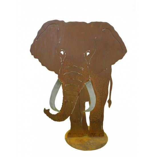 Elefant Deko Edelrost Elefant 120cm hoch 
Höhe 120 cm,
Breite ca. 95 cm
stehend auf einer fest angeschweißten Bodenplatte
di
