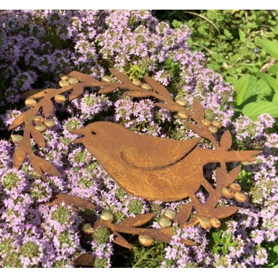 Gartendeko Rost Goldbeeren Dekokranz mit singendem Vogel - Ø 20 cm - zum Hängen 
Die goldenen Beeren machen diese Gartendeko zu