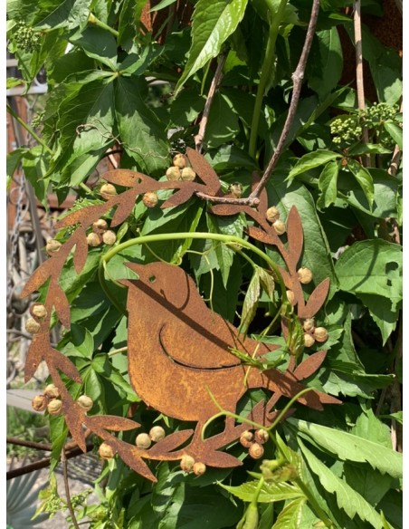 Gartendeko Rost Goldbeeren Dekokranz mit singendem Vogel - Ø 20 cm - zum Hängen 
Die goldenen Beeren machen diese Gartendeko zu