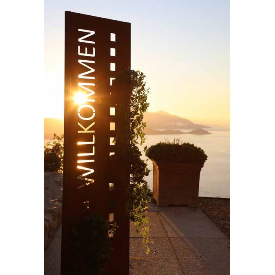 Gartendeko Rost Schmale Sichtschutzwand - Willkommen - mit Quadraten für Hängetöpfe  Höhe 200cm Modern und zeitlos zugleich - di