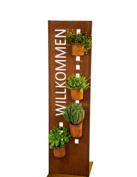 Gartendeko Rost Schmale Sichtschutzwand - Willkommen - mit Quadraten für Hängetöpfe  Höhe 200cm Modern und zeitlos zugleich - di