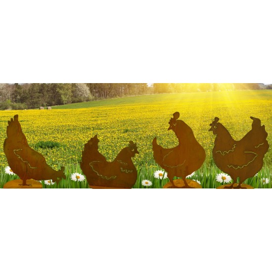 Frühling / Ostern Henne schaut seitlich 40 cm - Edelrost Huhn 
Höhe 40 cm
Breite 27 cm
mit Bodenplatte
