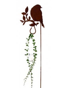 Gartendeko Rost Vogel  -B- über Schulter schauend auf Ast mit Laternenstab - Höhe 28 cm Gartenstecker 160 cm hoch 
Höhe 28 cm