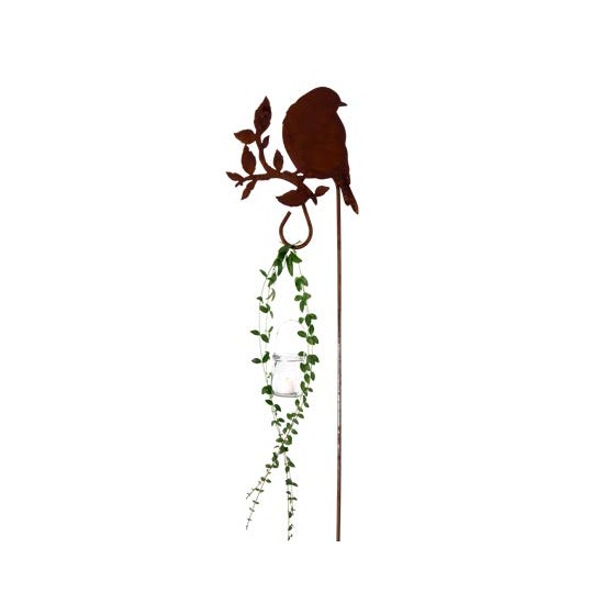 Gartendeko Rost Vogel  -B- über Schulter schauend auf Ast mit Laternenstab - Höhe 28 cm Gartenstecker 160 cm hoch 
Höhe 28 cm
