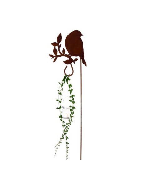 Gartendeko Rost Vogel  -B- über Schulter schauend auf Ast mit Laternenstab - Höhe 28 cm Gartenstecker 160 cm hoch 
Höhe 28 cm
