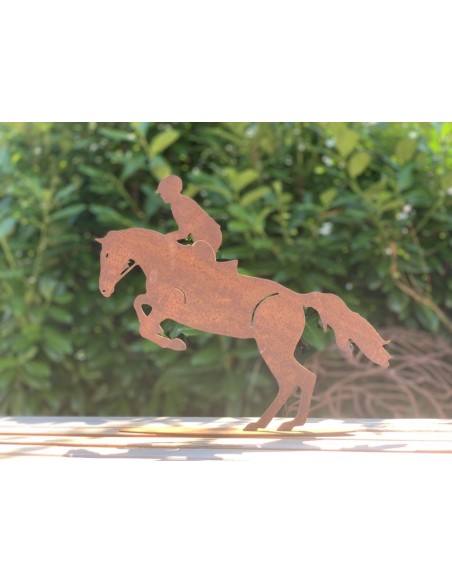 Pferde + Esel Springreiter mit Turnierpferd Dekofigur - klein - 30 cm hoch 
Breite 36 cm
Höhe 30 cm
