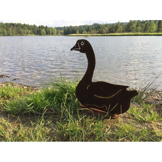 Enten und Gänse Deko Gans seitlich sitzend als Gartenstecker - Höhe 46 cm 
Ansicht seitlich sitzend mit kurzem Stab
Ganshöhe 4