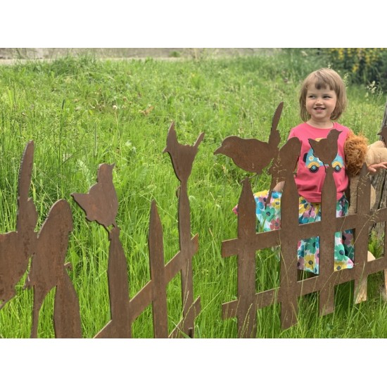 Vogel Deko Vogelzaun 100 cm breit 70 cm hoch  auf Platte, 3mm Stahl, Variante 2 
Vogelzaun mit 4 Vögel
3 mm Stahl
Breite pro 