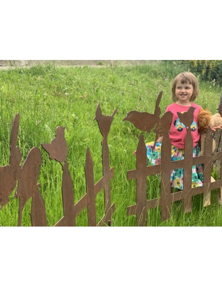 Vogel Deko Vogelzaun 100 cm breit 70 cm hoch  auf Platte, 3mm Stahl, Variante 2 
Vogelzaun mit 4 Vögel
3 mm Stahl
Breite pro 