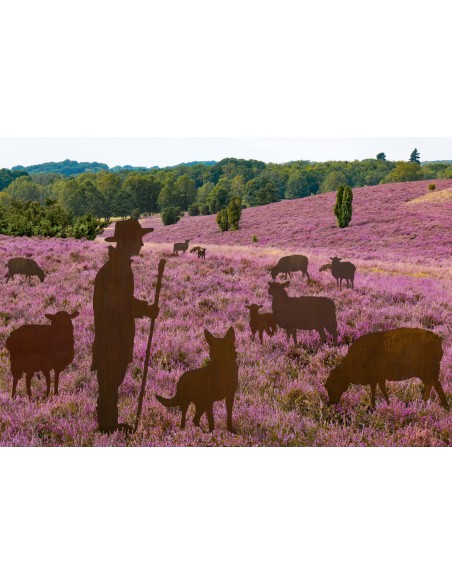 Schafherde - Deko Schafe groß mit Schäfer als Gartenfiguren Lebensgroßes Schaf grasend - Dekofigur mit Rohr zum Stecken - Höhe 7