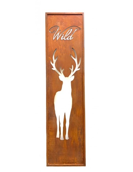 Start schmale Sichtschutzwand mit Hirsch von vorne und - Wild - Schriftzug, Höhe 200 cm, Breite 55 cm 
Paravent mit Hirsch von 