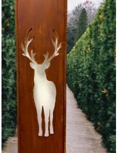schmale Sichtschutzwand Metall mit Hirsch von vorne -Höhe 200 cm - Breite 55 cm 
Edelrost Sichtschutzwand mit Motiv Hirsc 2