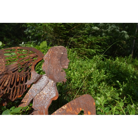 Engelfiguren kaufen und Engel Bastel-Ideen XXL Rostengel sitzend mit doppelten Flügeln - Breite 120 cm 
Offen
Höhe 55 cm
Läng