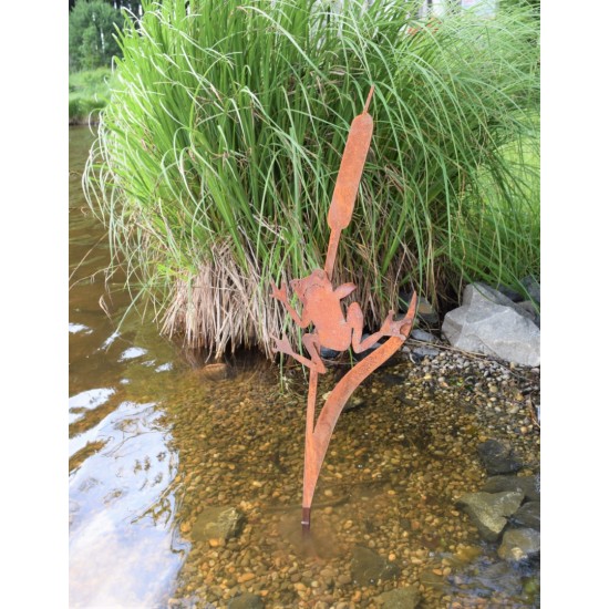 Käfer - Biene und Co als Gartendeko Figuren Gartenstecker Frosch an Schilfkolben hängend 120 cm hoch - groß Gesamthöhe 120 cm