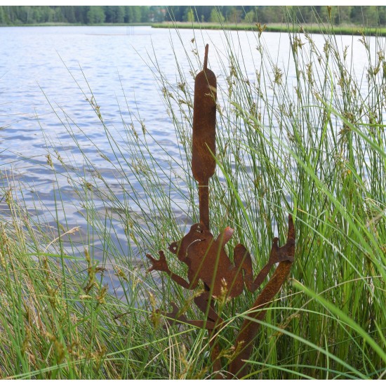 Käfer - Biene und Co als Gartendeko Figuren Gartenstecker Frosch an Schilfkolben hängend 120 cm hoch - groß Gesamthöhe 120 cm