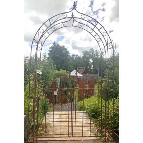 Gartendeko Rost Rosenbogen mit Spitze - Höhe 240 cm - Breite 140 cm - Schlosserqualität Metall mit Rostpatina robuster und stabi